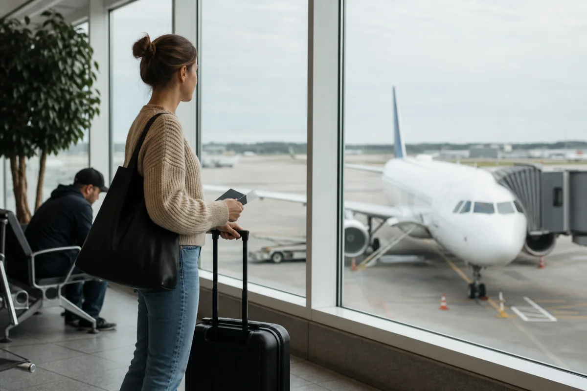 Generiskt flygplan vid gate utan flygbolagslogotyper för artikeln Air France – handbagage, liten väska och kopplingen till KLM