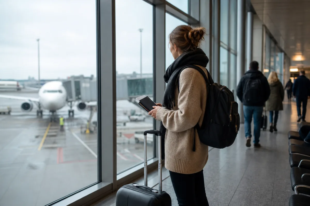 Ljus generisk flygplatsterminal med resenärer och bagage för artikeln Ankomster och avgångar – så läser du flygplatsens tavla