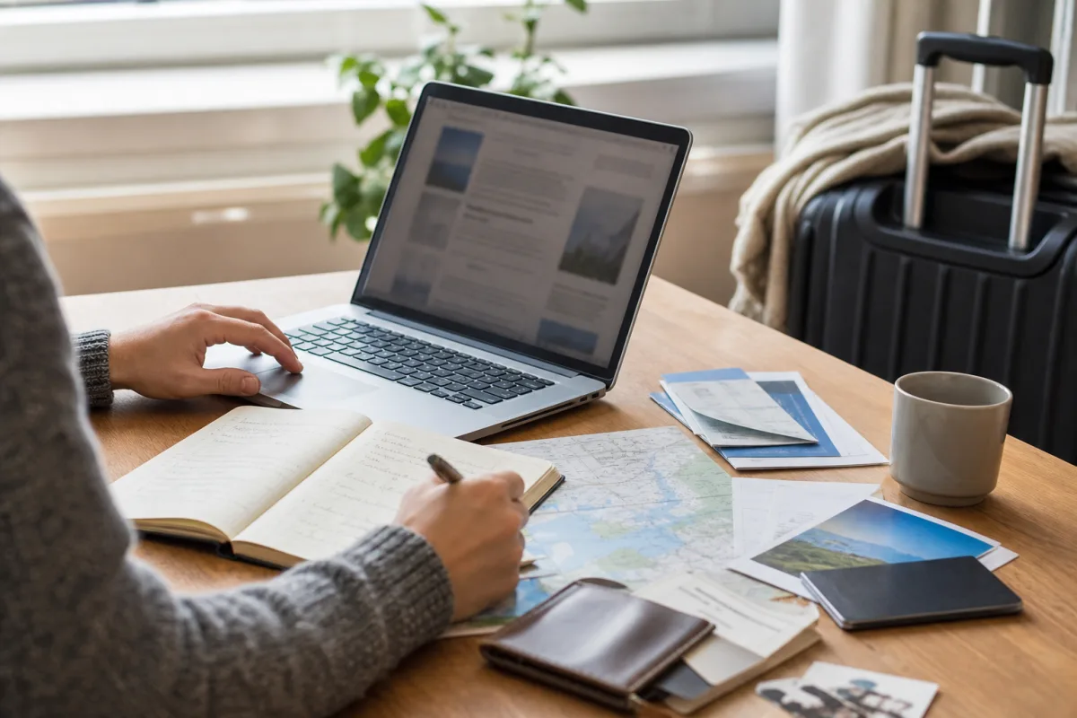 Redaktionellt arbetsbord med reseanteckningar och generisk laptop för artikeln Så fungerar annonslänkar på Flygzon.se