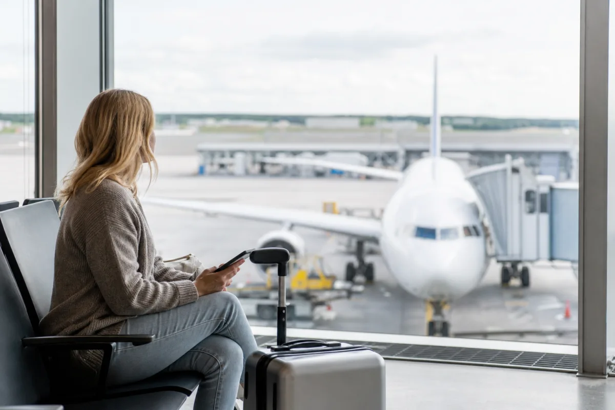 Ljus generisk flygplatsterminal med resenärer och bagage för artikeln Arlanda ankomster och avgångar: så läser du flyginformationen rätt