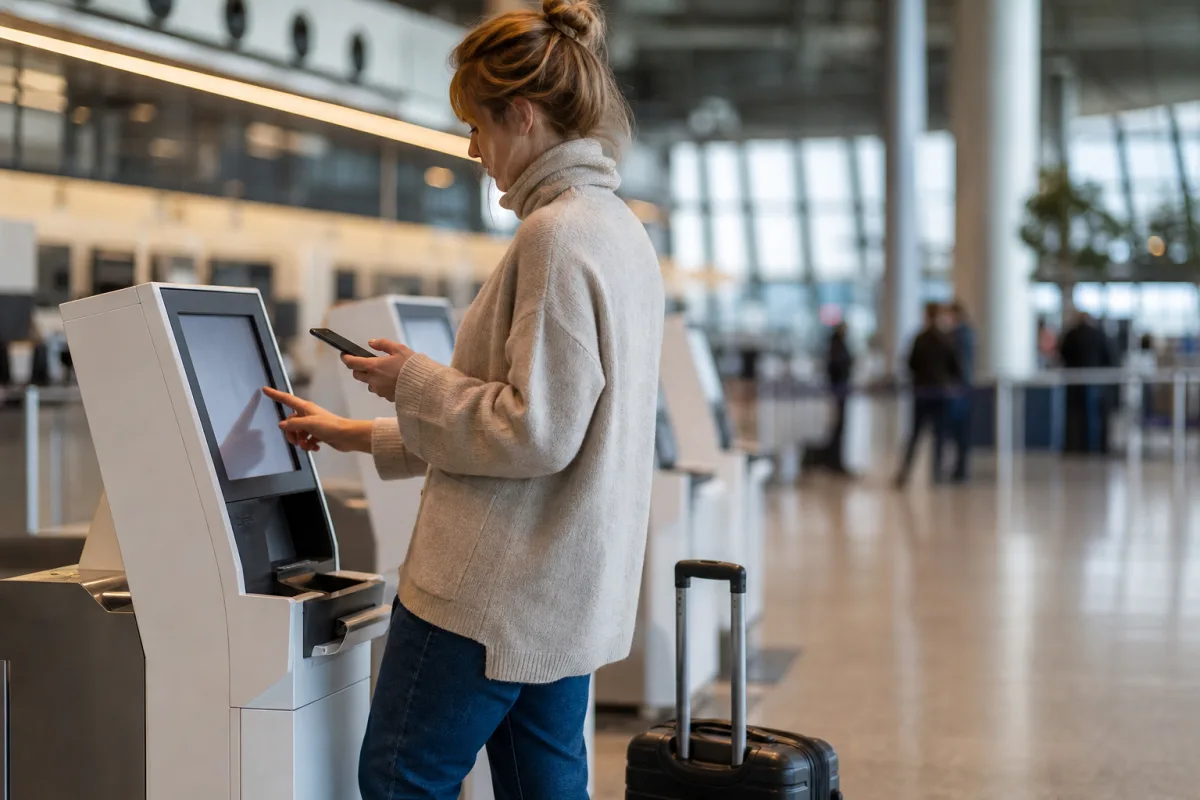 Resenär med bagage vid incheckning på en generisk flygplats för artikeln Arlanda incheckning: automater, SkyCity och bag drop