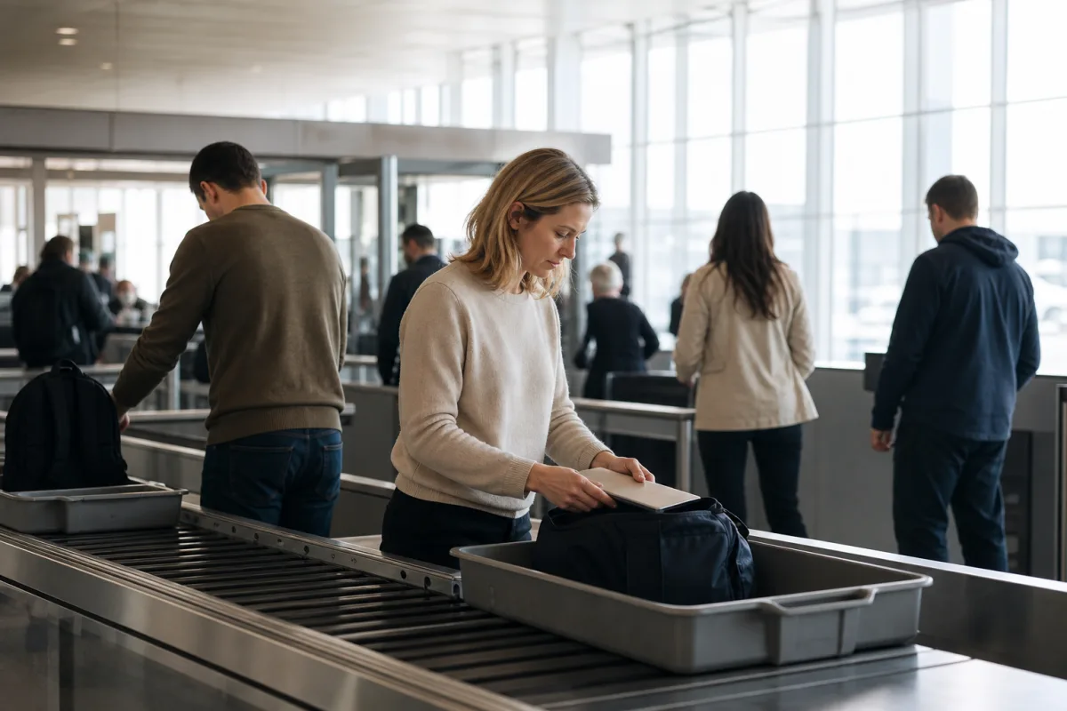 Ljus generisk flygplatsterminal med resenärer och bagage för artikeln Arlanda säkerhetskontroll: regler per terminal och Fast Track