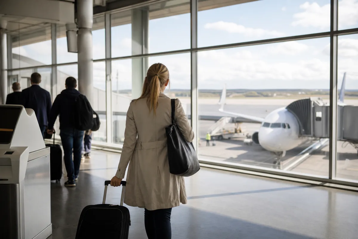 Ljus generisk flygplatsterminal med resenärer och bagage för artikeln Arlanda Terminal 5: gateområden, säkerhet och bag drop