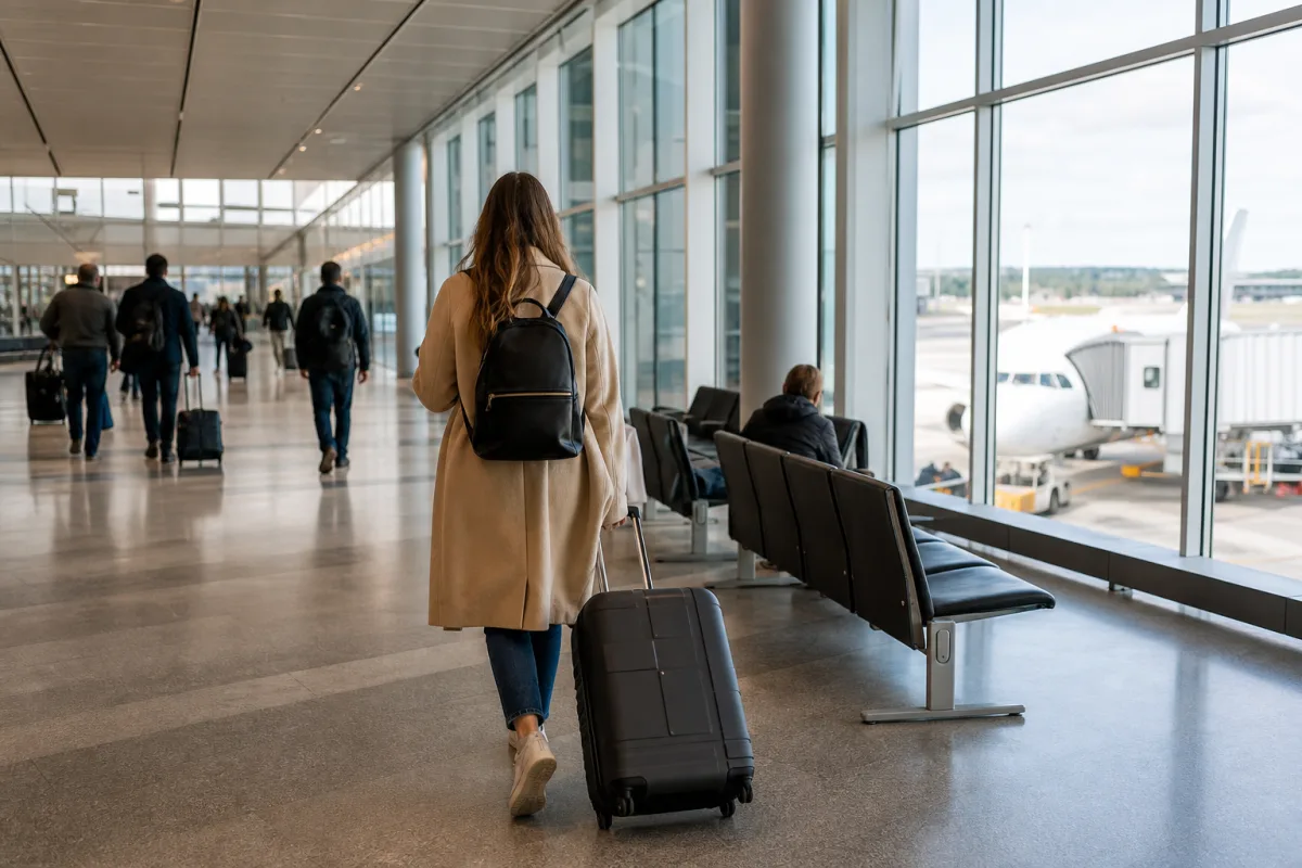 Ljus generisk flygplatsterminal med resenärer och bagage för artikeln Arlanda terminaler: så hänger 2, 3 och 5 ihop
