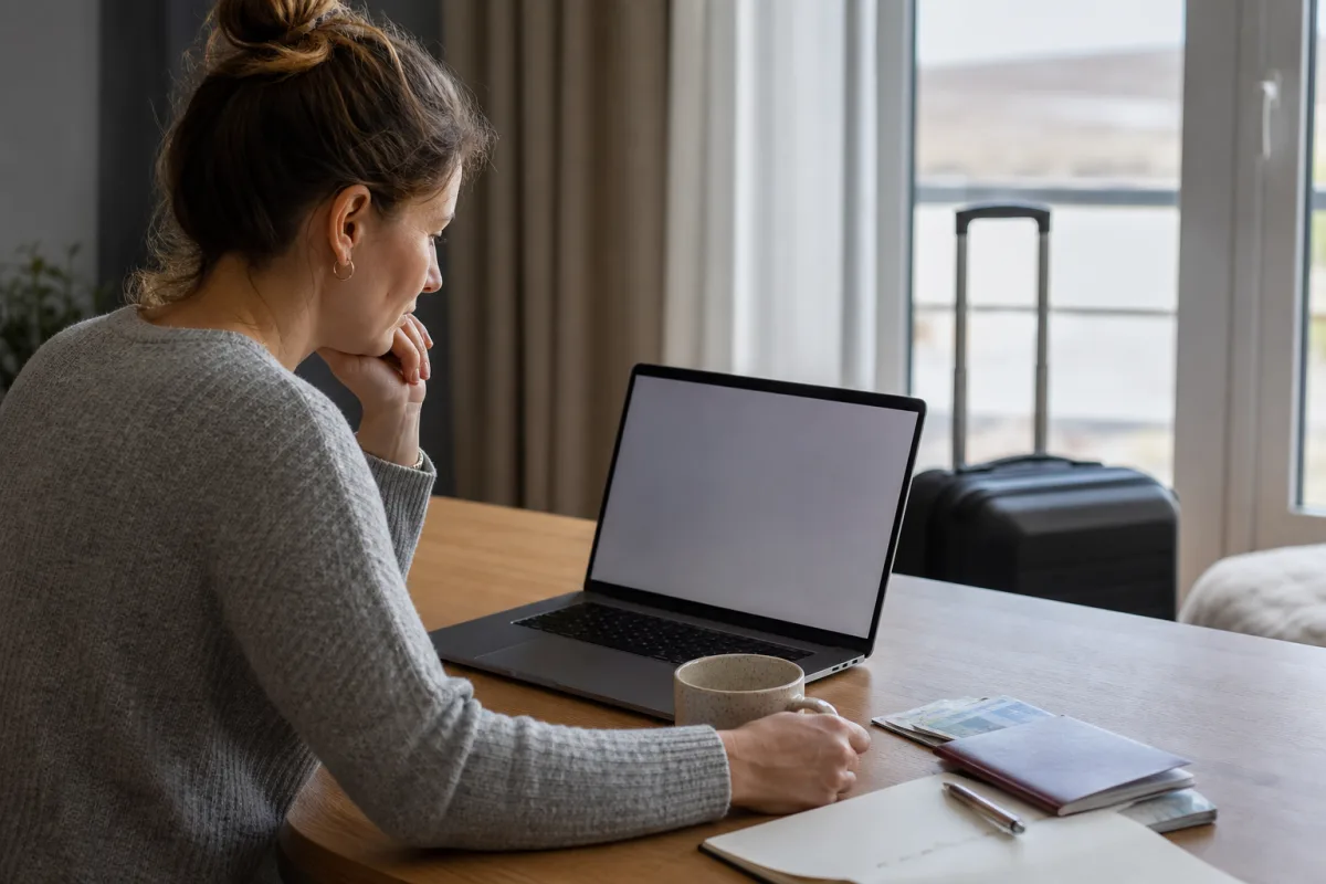 Reseplanering med laptop, resehandlingar och bagage för artikeln Avboka flygbiljett: så avgörs vad du får tillbaka