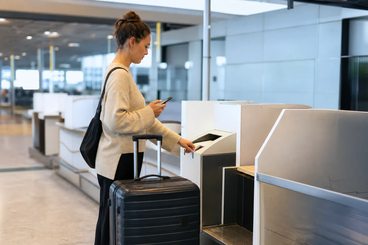 Resenär med bagage vid incheckning på en generisk flygplats för artikeln Bag drop – så lämnar du incheckat bagage själv