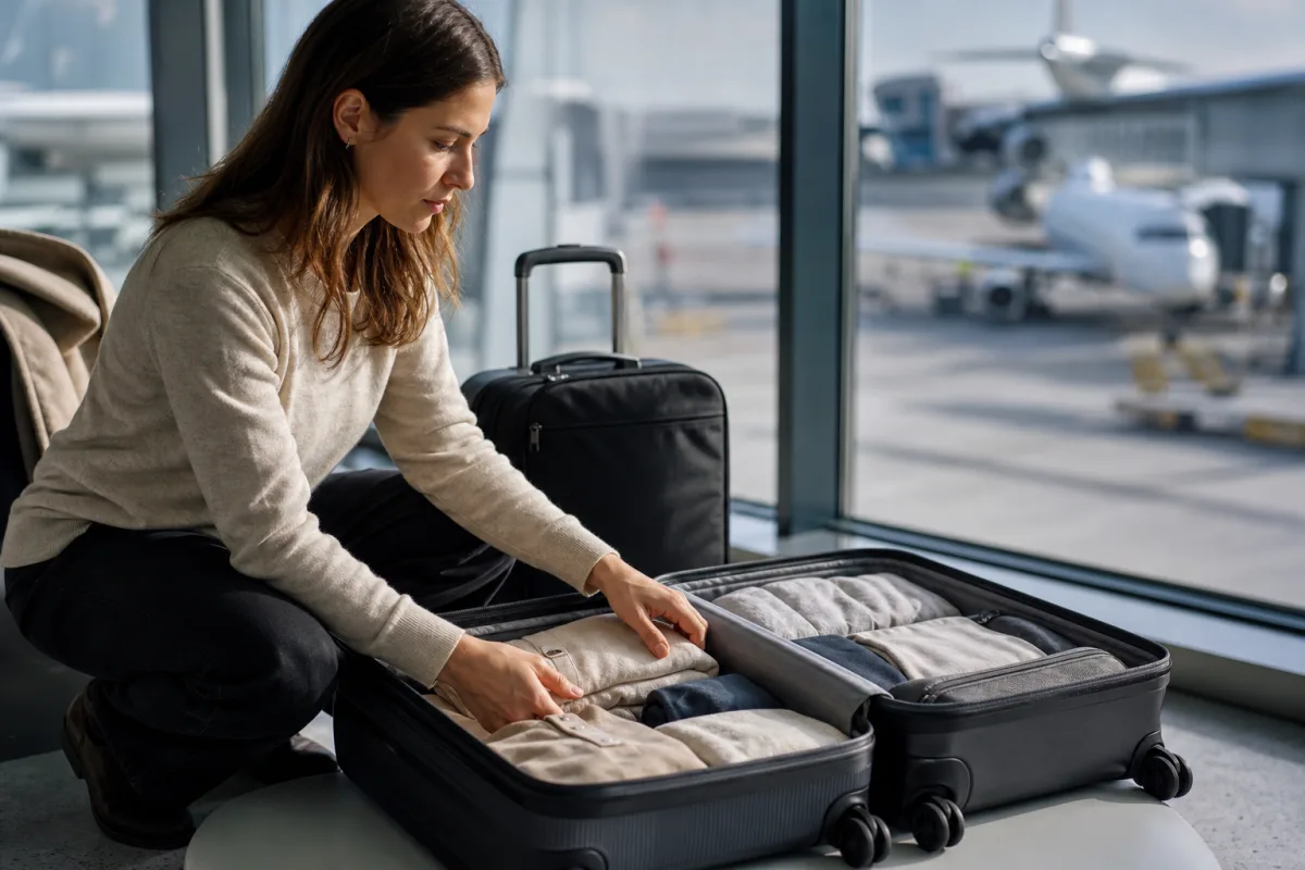 Generiskt handbagage och resväska i en lugn flygplatsmiljö för artikeln Bagage: handbagage, incheckat bagage och specialbagage per bolag