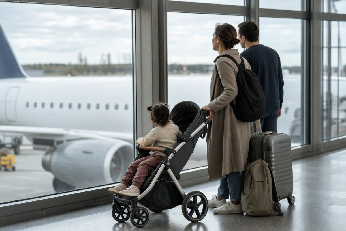 Praktisk reseförberedelse med bagage och resehandlingar för artikeln Barnvagn på flyget: gratis bagage, gate check och undantag