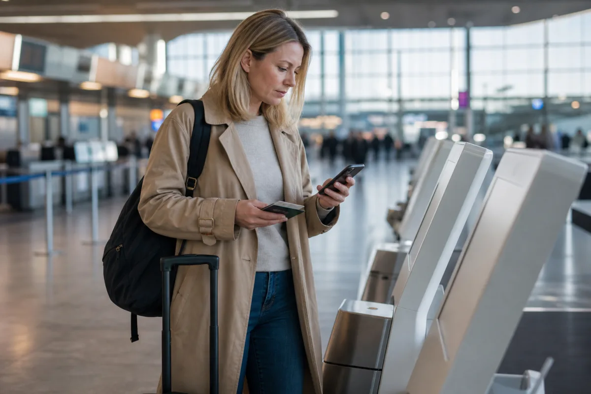Resenär med bagage vid incheckning på en generisk flygplats för artikeln Boardingkort – digitalt eller utskrivet, och vad det innehåller