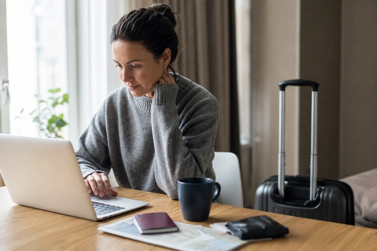 Reseplanering med laptop, resehandlingar och bagage för artikeln Boka flyg: stegen från sökning till bekräftelse