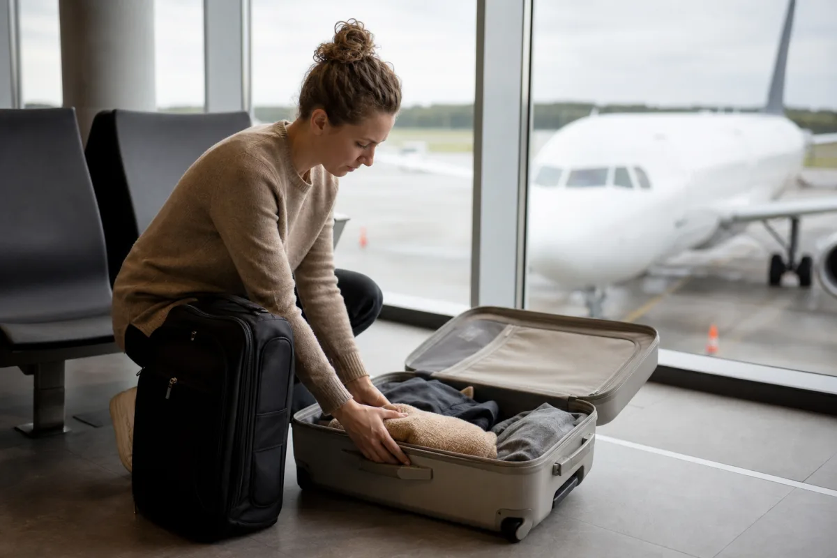 Generiskt handbagage och resväska i en lugn flygplatsmiljö för artikeln Borttappat bagage: när räknas det som förlorat?