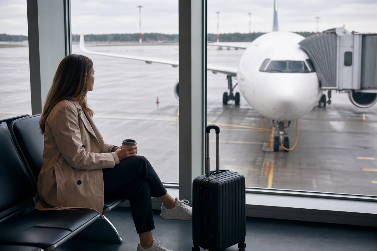 Generiskt flygplan vid gate utan flygbolagslogotyper för artikeln British Airways flyg: bagage, incheckning och oneworld