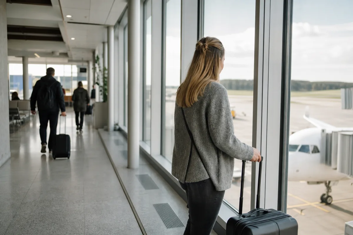 Ljus generisk flygplatsterminal med resenärer och bagage för artikeln Bromma flygplats: resan från incheckning till gate