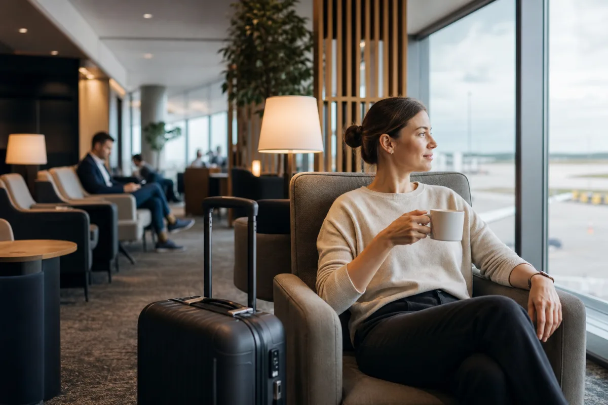 Lugn flygplatsmiljö med sittplatser och handbagage för artikeln Business Class – det här får du jämfört med economy
