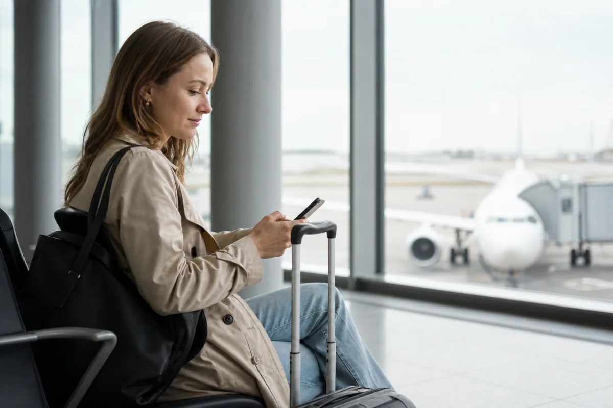 Resenär med bagage vid incheckning på en generisk flygplats för artikeln Checka in online – så fungerar det innan avgång