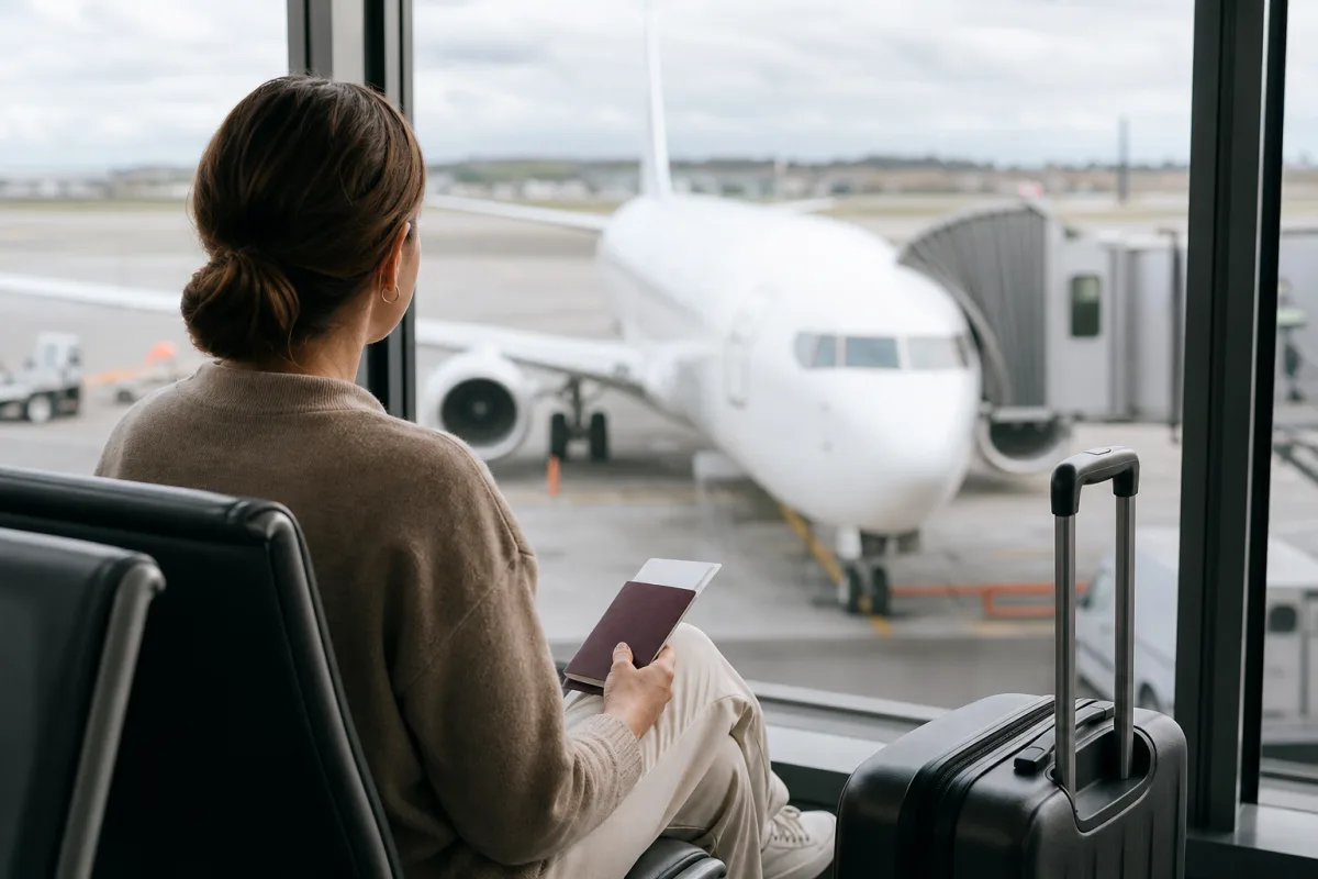 Generiskt flygplan vid gate utan flygbolagslogotyper för artikeln Codeshare – vad betyder delade flygnummer för dig?