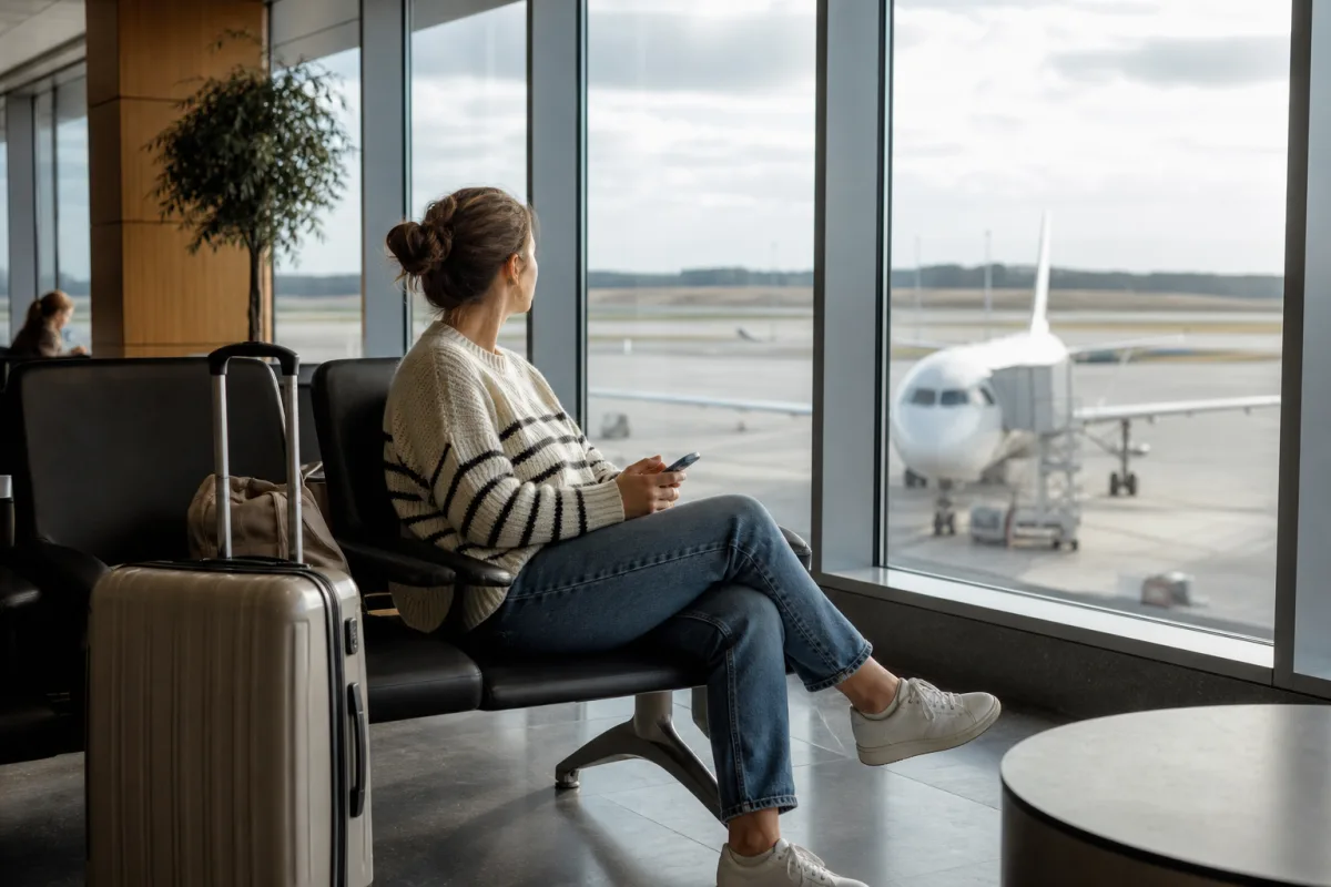 Lugn flygplatsmiljö med sittplatser och handbagage för artikeln Connecting flight – vad begreppet betyder och vilka bokningstyper som finns