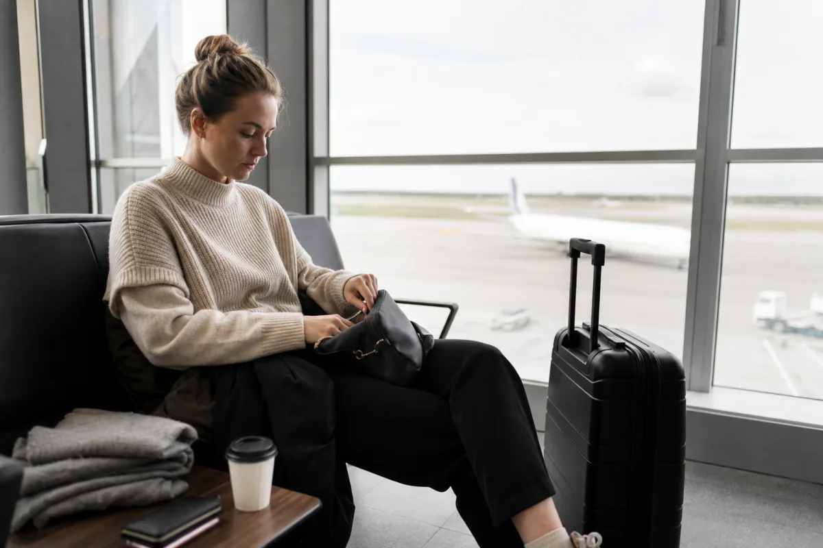 Lugn flygplatsmiljö med sittplatser och handbagage för artikeln Economy Light – det här ingår vanligen inte i biljetten