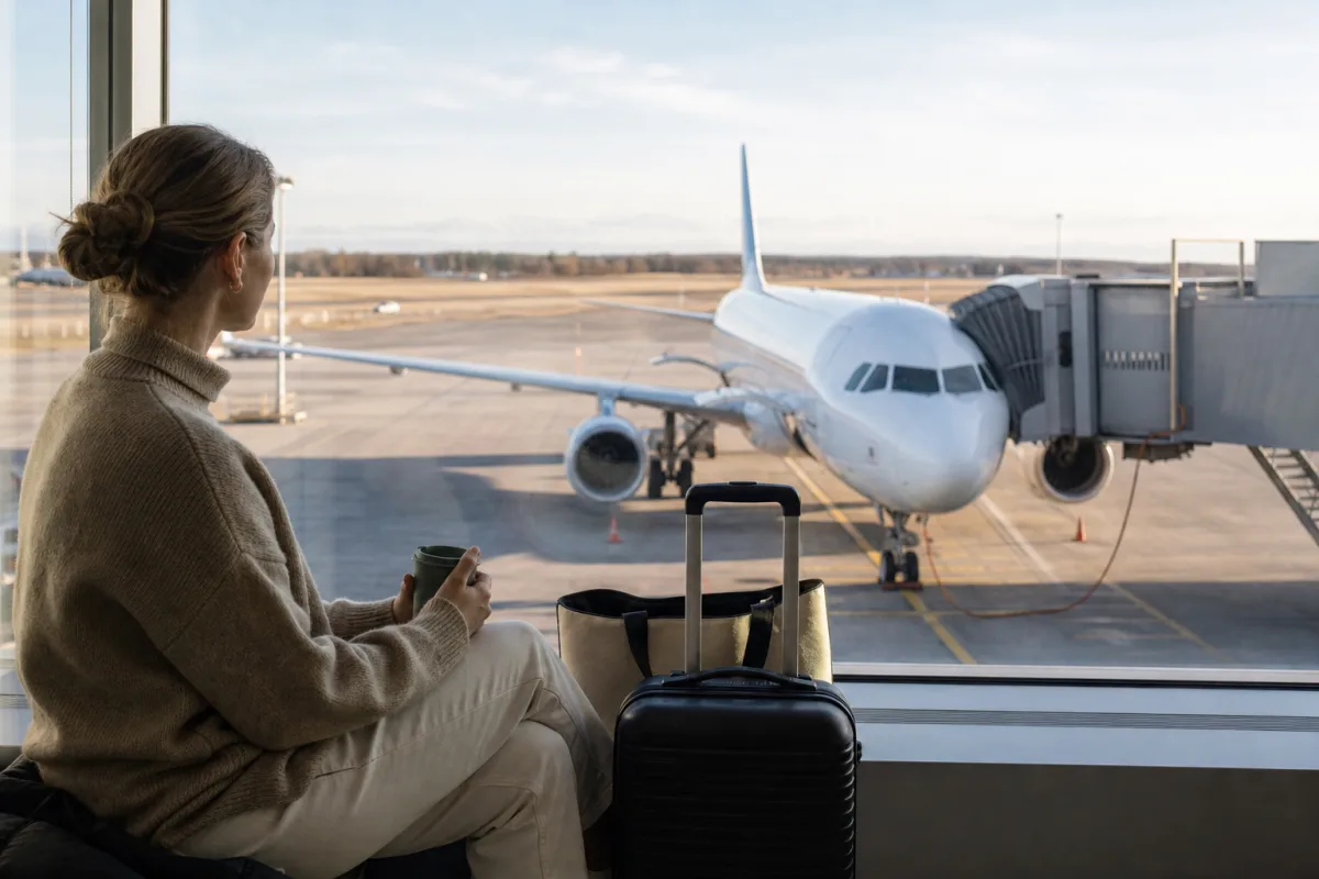 Generiskt flygplan vid gate utan flygbolagslogotyper för artikeln Emirates – bagage och biljettklasser på långdistansflyg