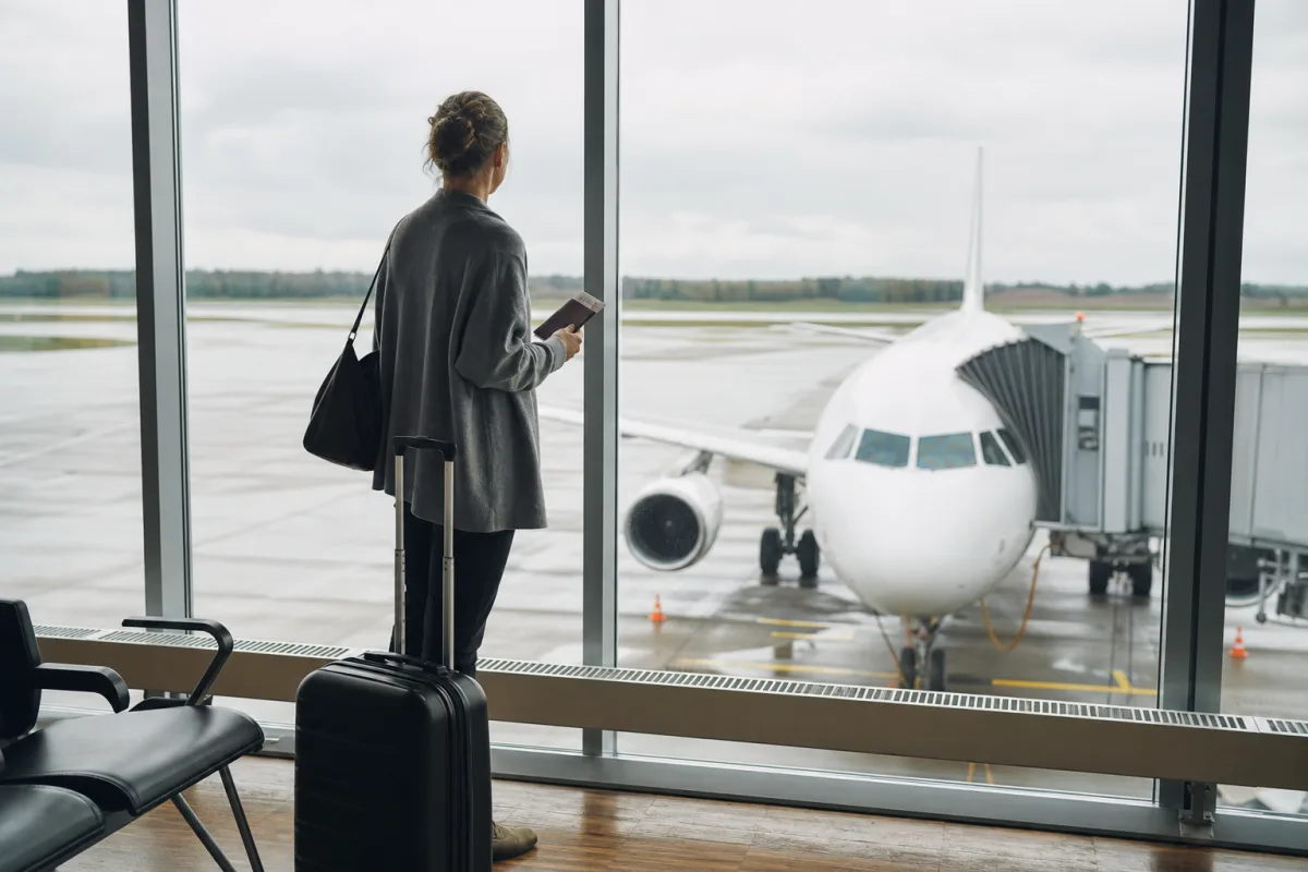 Generiskt flygplan vid gate utan flygbolagslogotyper för artikeln Finnair flyg: incheckning, anslutningar och bagage