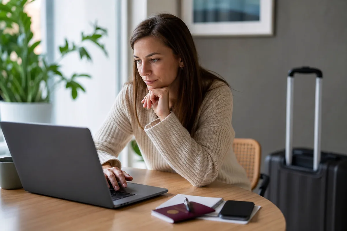 Reseplanering med laptop, resehandlingar och bagage för artikeln Flexibla flygbiljetter: när är merkostnaden värd det?