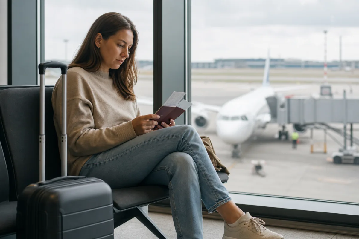 Resenär som väntar med resväska i en flygplatsterminal för artikeln Försenat flyg: rätt till service och ersättning