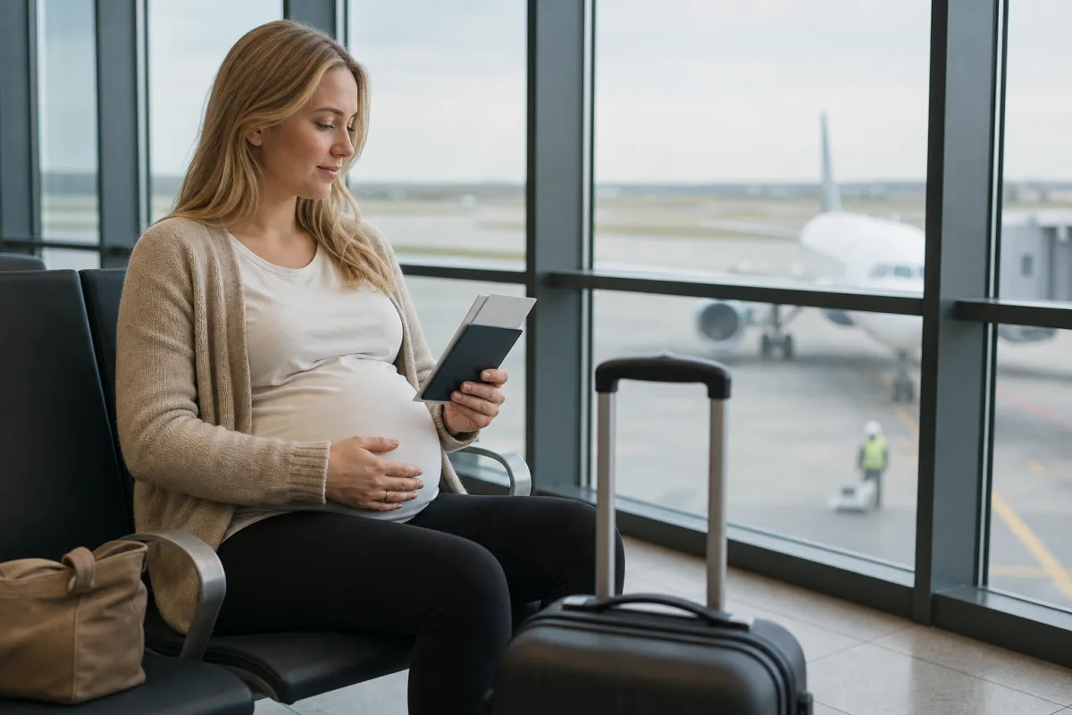 Praktisk reseförberedelse med bagage och resehandlingar för artikeln Flyga gravid: graviditetsveckor, läkarintyg och försäkring