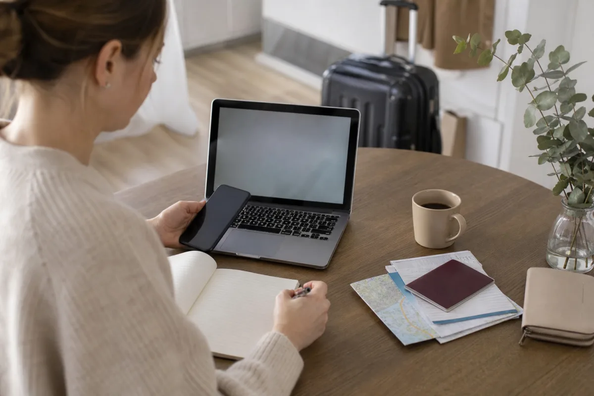 Reseplanering med laptop, resehandlingar och bagage för artikeln Flygbiljetter: så håller du koll från bokning till avgång