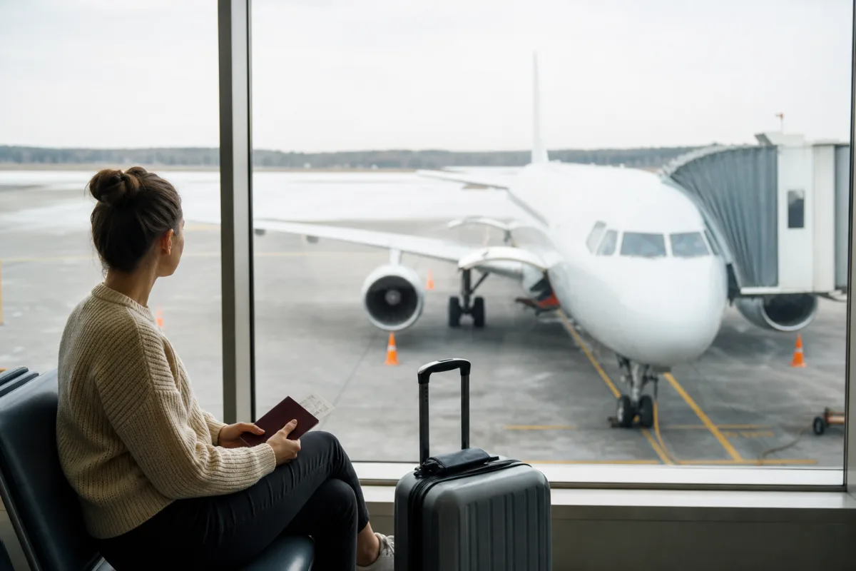 Generiskt flygplan vid gate utan flygbolagslogotyper för artikeln Flygbolag: incheckning, bagage och regler att kontrollera