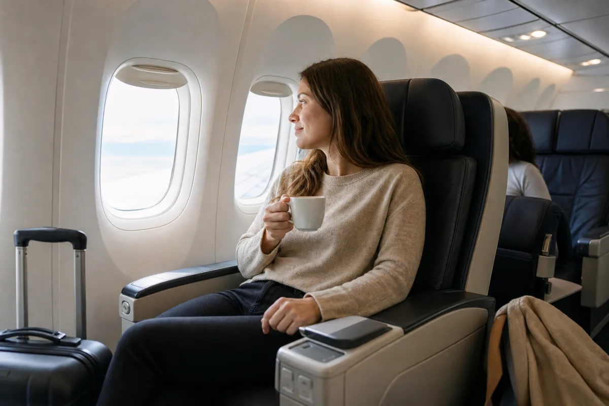 Lugn flygplatsmiljö med sittplatser och handbagage för artikeln Flygklasser – vad economy, premium economy och business faktiskt innebär