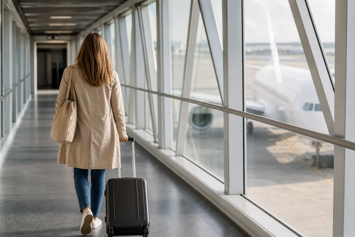 Resenär med kabinväska i en generisk anslutningsterminal för artikeln Flygnummer – vad det är och hur du använder det