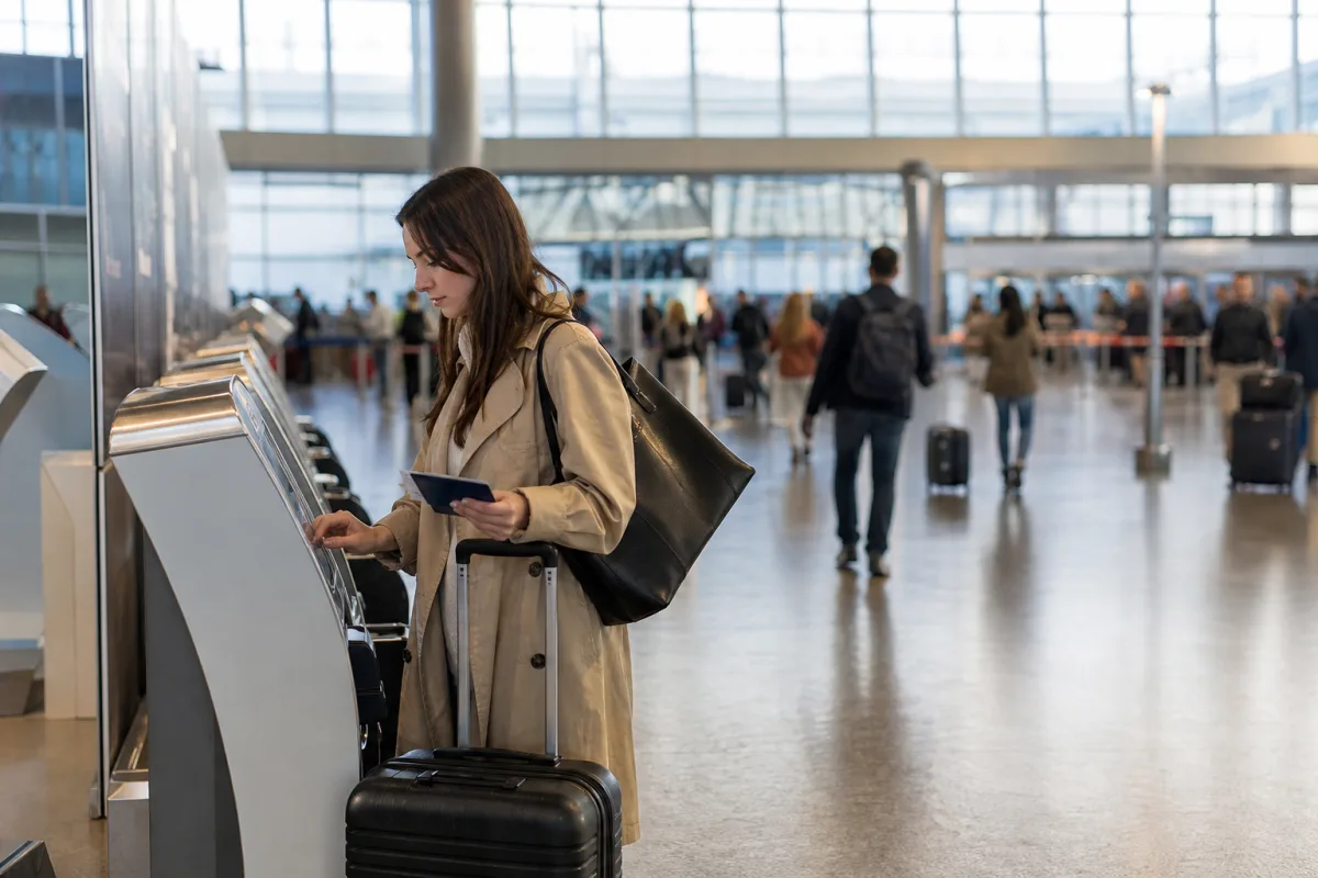 Ljus generisk flygplatsterminal med resenärer och bagage för artikeln Flygplatser i Sverige: terminaler, incheckning och säkerhet