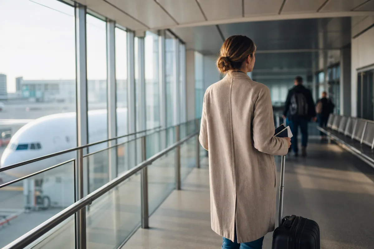 Resenär med kabinväska i en generisk anslutningsterminal för artikeln Flygstatus – så kollar du om flyget går i tid