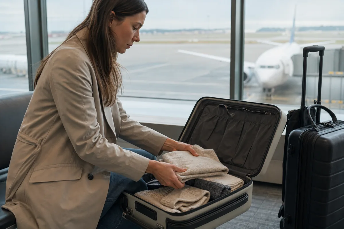 Generiskt handbagage och resväska i en lugn flygplatsmiljö för artikeln Försenat bagage: så gör du för att få ersättning
