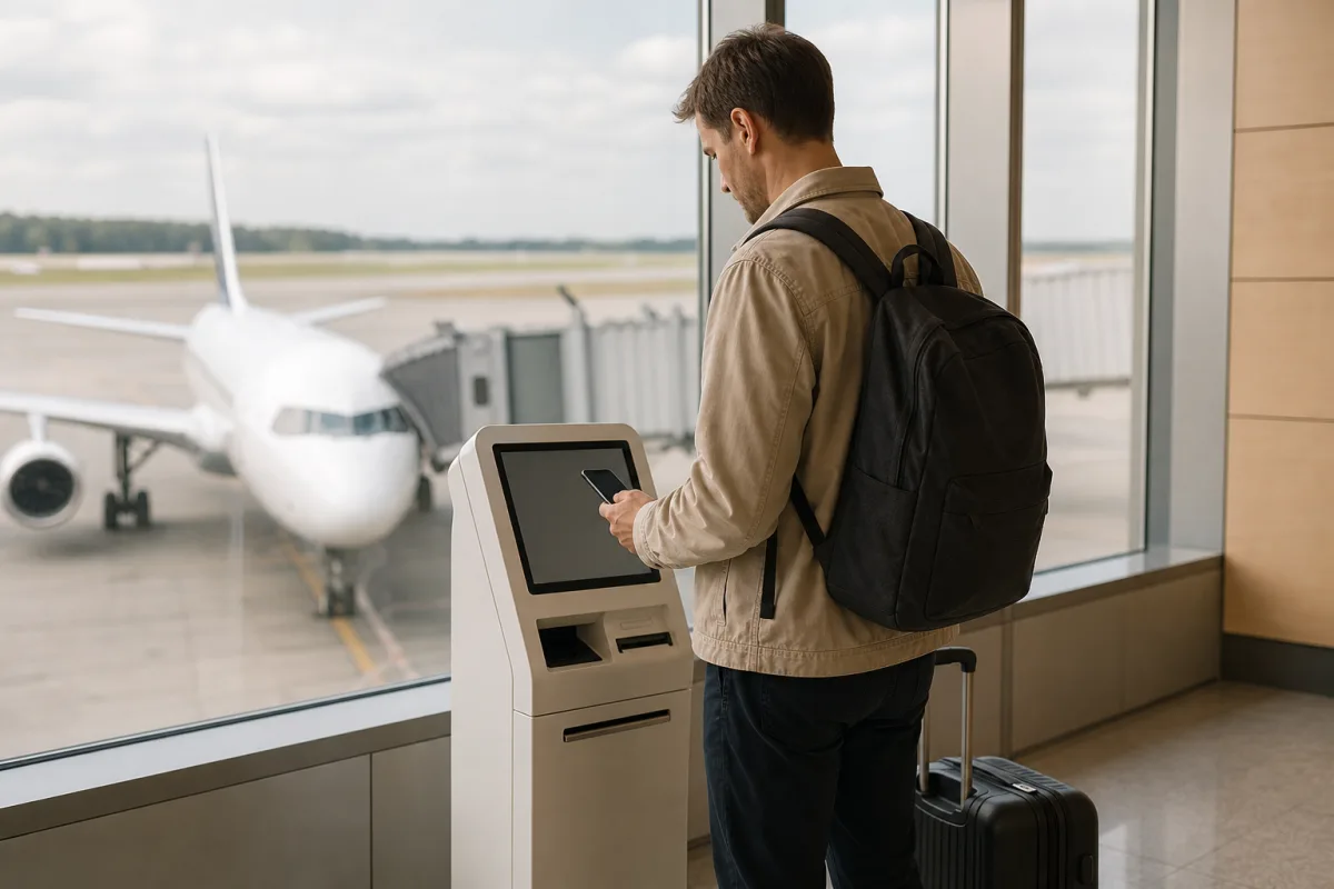 Resenär med bagage vid incheckning på en generisk flygplats för artikeln Gate och ombordstigning – boardinggrupper och sista tid