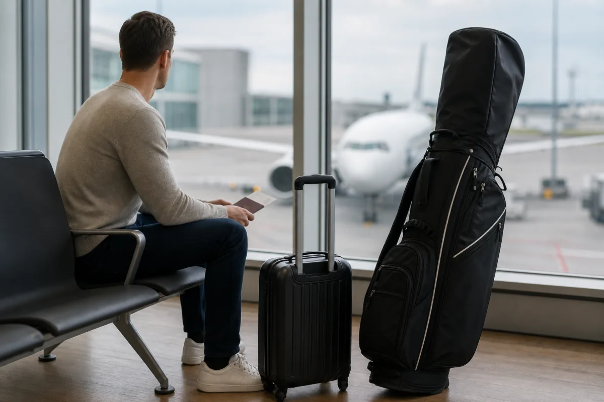 Generisk resesituation med kabinväska och resehandlingar för artikeln Golfbag på flyget: vikt, emballage och vad som ingår