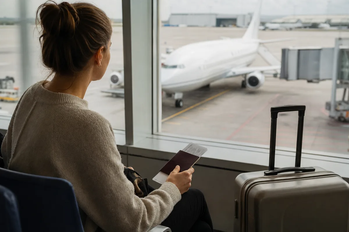 Generisk resesituation med kabinväska och resehandlingar för artikeln Guider till flygresan: säkerhet, dokument, byten och särskilda behov