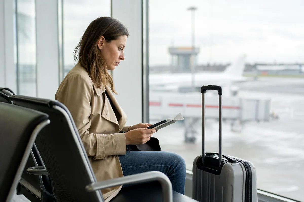 Resenär som väntar med resväska i en flygplatsterminal för artikeln Inställt flyg: ombokning, återbetalning och ersättning