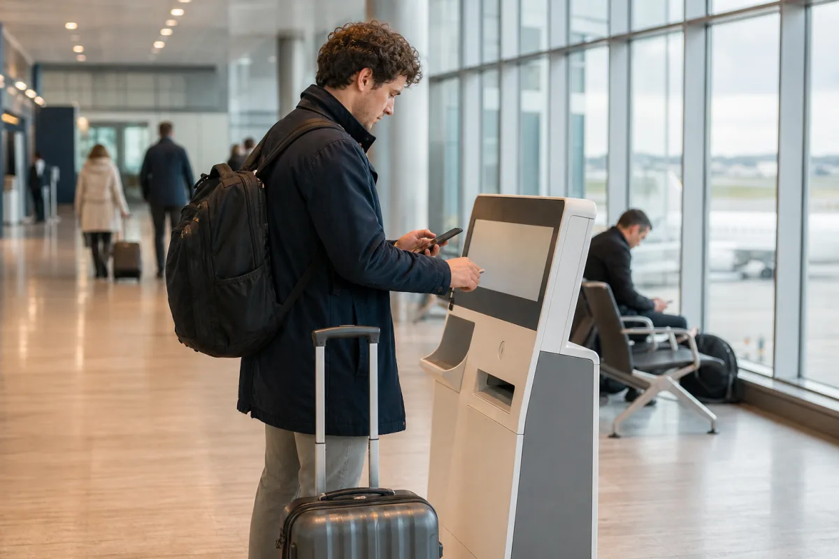Resenär med bagage vid incheckning på en generisk flygplats för artikeln Incheckning på Kastrup: online, självservice eller disk