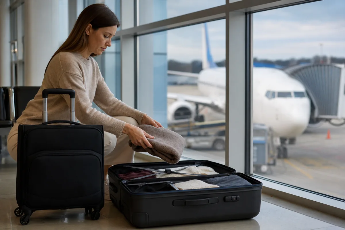 Generiskt handbagage och resväska i en lugn flygplatsmiljö för artikeln KLM bagage: mått, vikt och avgifter för handbagage och incheckat bagage