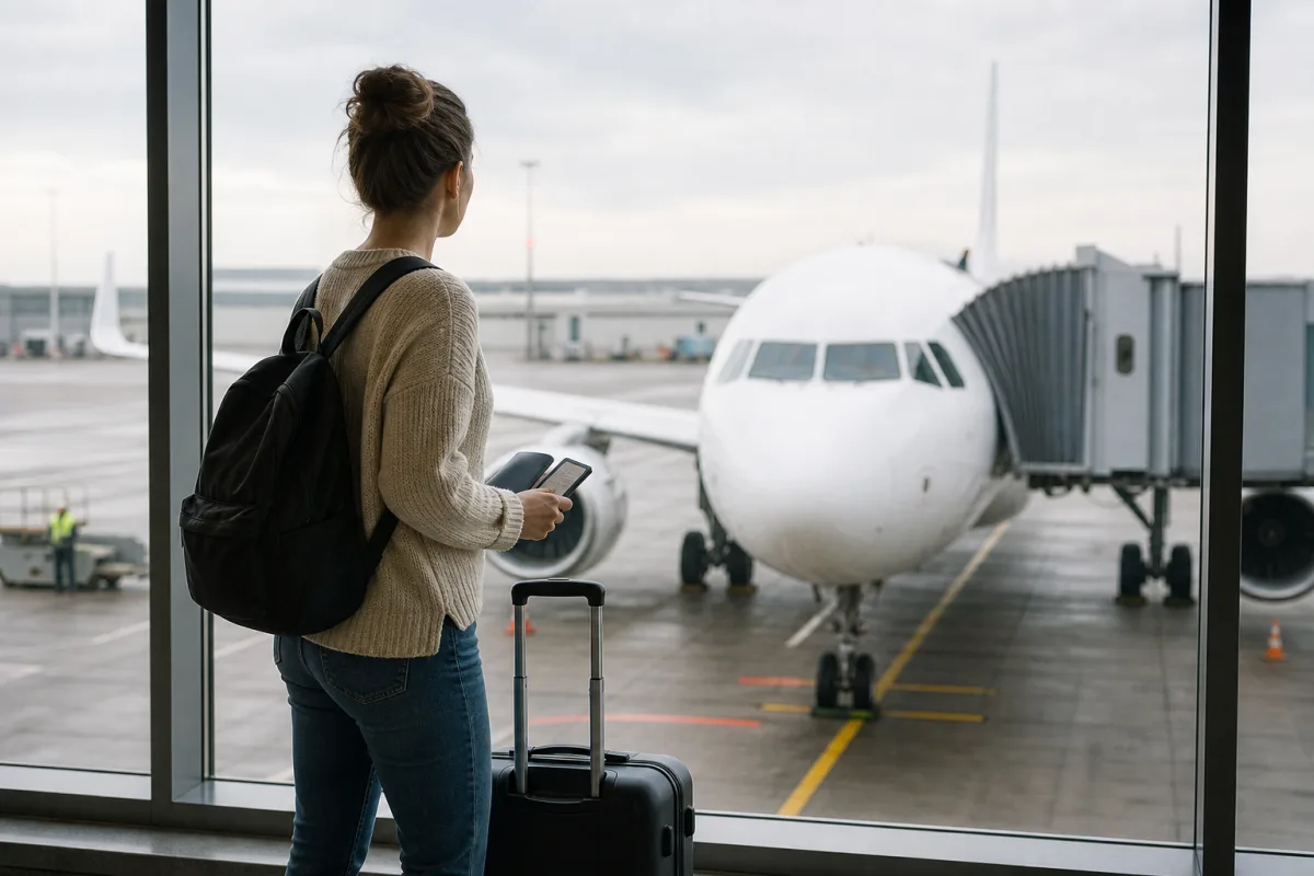 Generiskt flygplan vid gate utan flygbolagslogotyper för artikeln KLM flyg: incheckning, bagage och vad du bör kontrollera