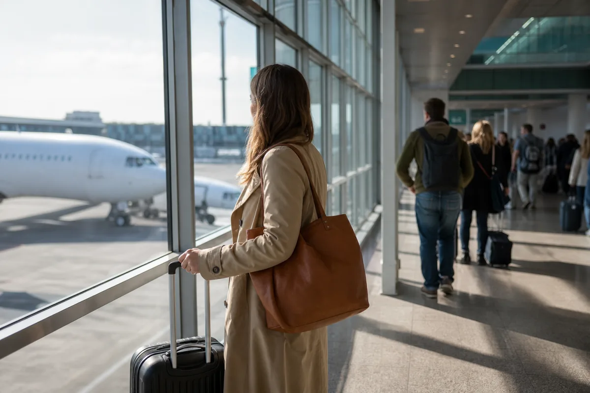 Ljus generisk flygplatsterminal med resenärer och bagage för artikeln Landvetter terminal: så hittar du rätt på Göteborgs flygplats