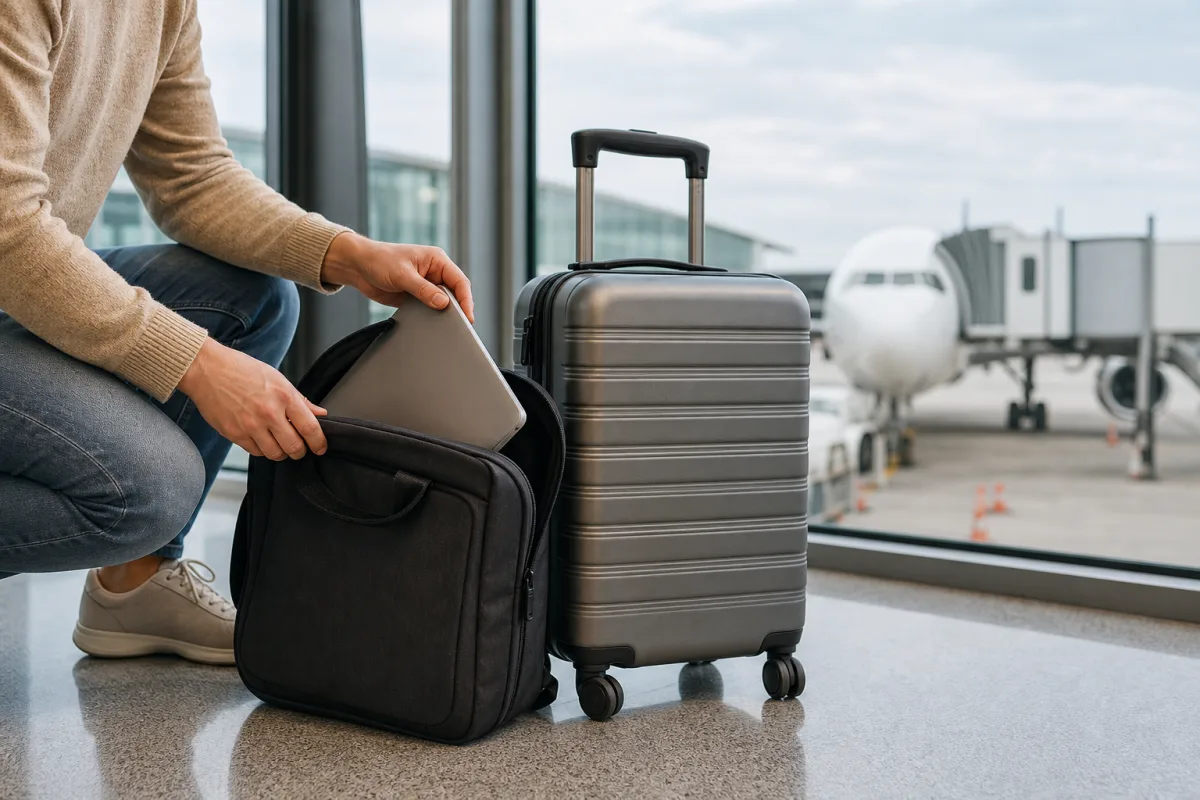 Generiskt handbagage och resväska i en lugn flygplatsmiljö för artikeln Lufthansa bagage: mått, vikt och avgifter för handbagage och incheckat bagage