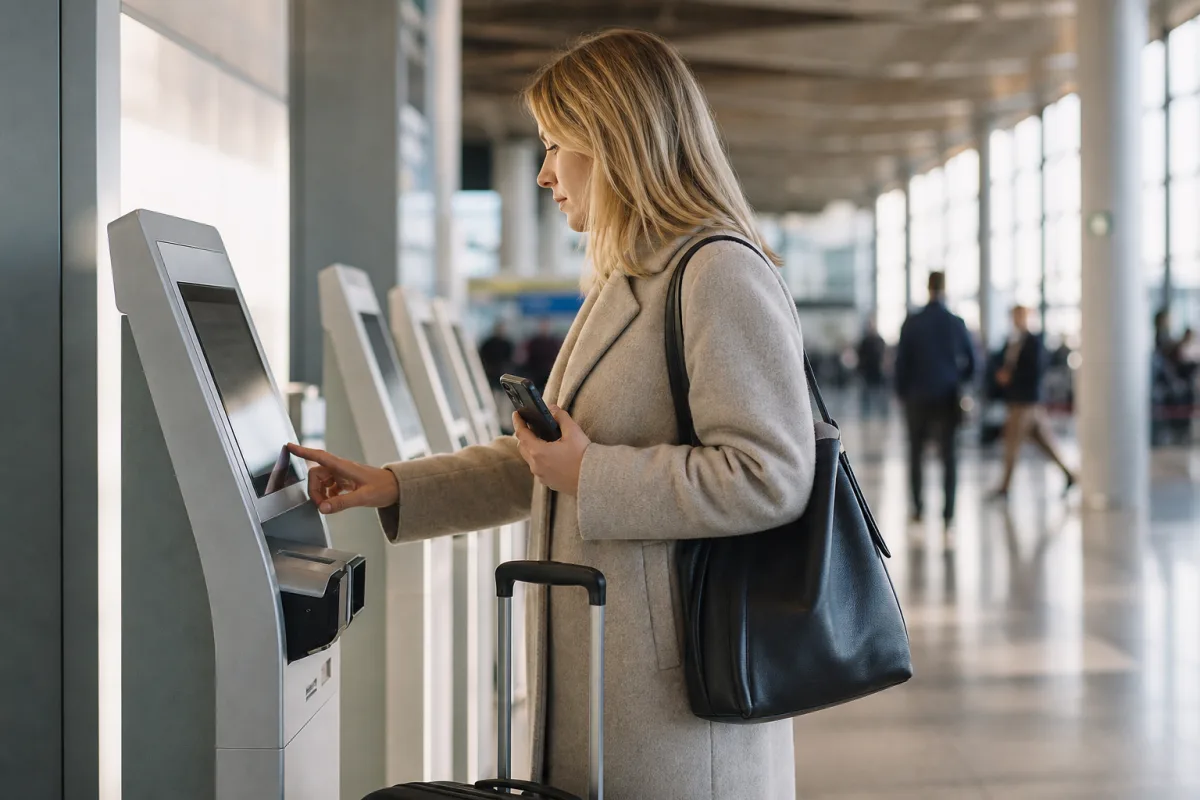Resenär med bagage vid incheckning på en generisk flygplats för artikeln Lufthansa check-in: online, i appen eller vid automaten