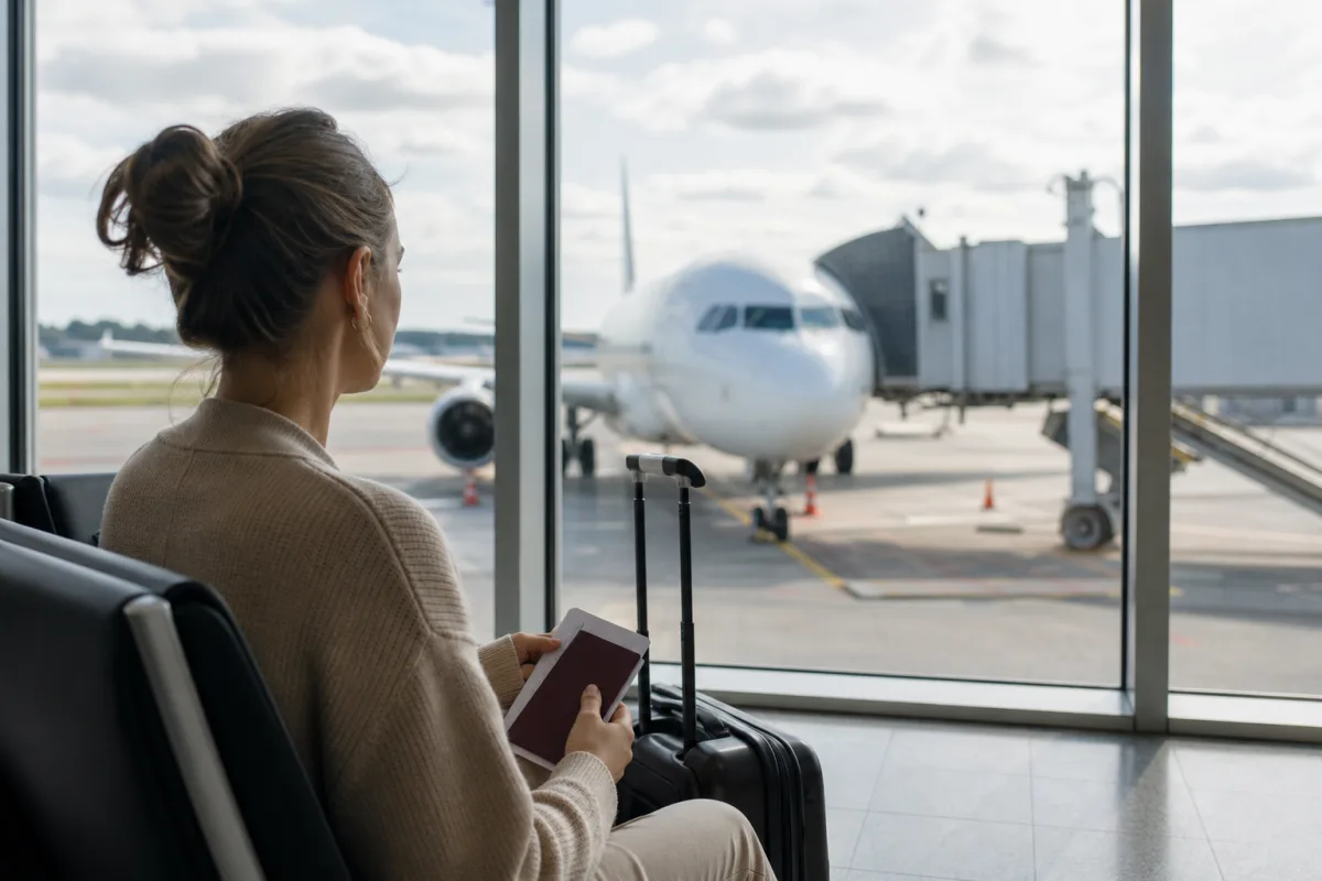 Generiskt flygplan vid gate utan flygbolagslogotyper för artikeln Lufthansa flyg: bokning, incheckning och bagage i korthet