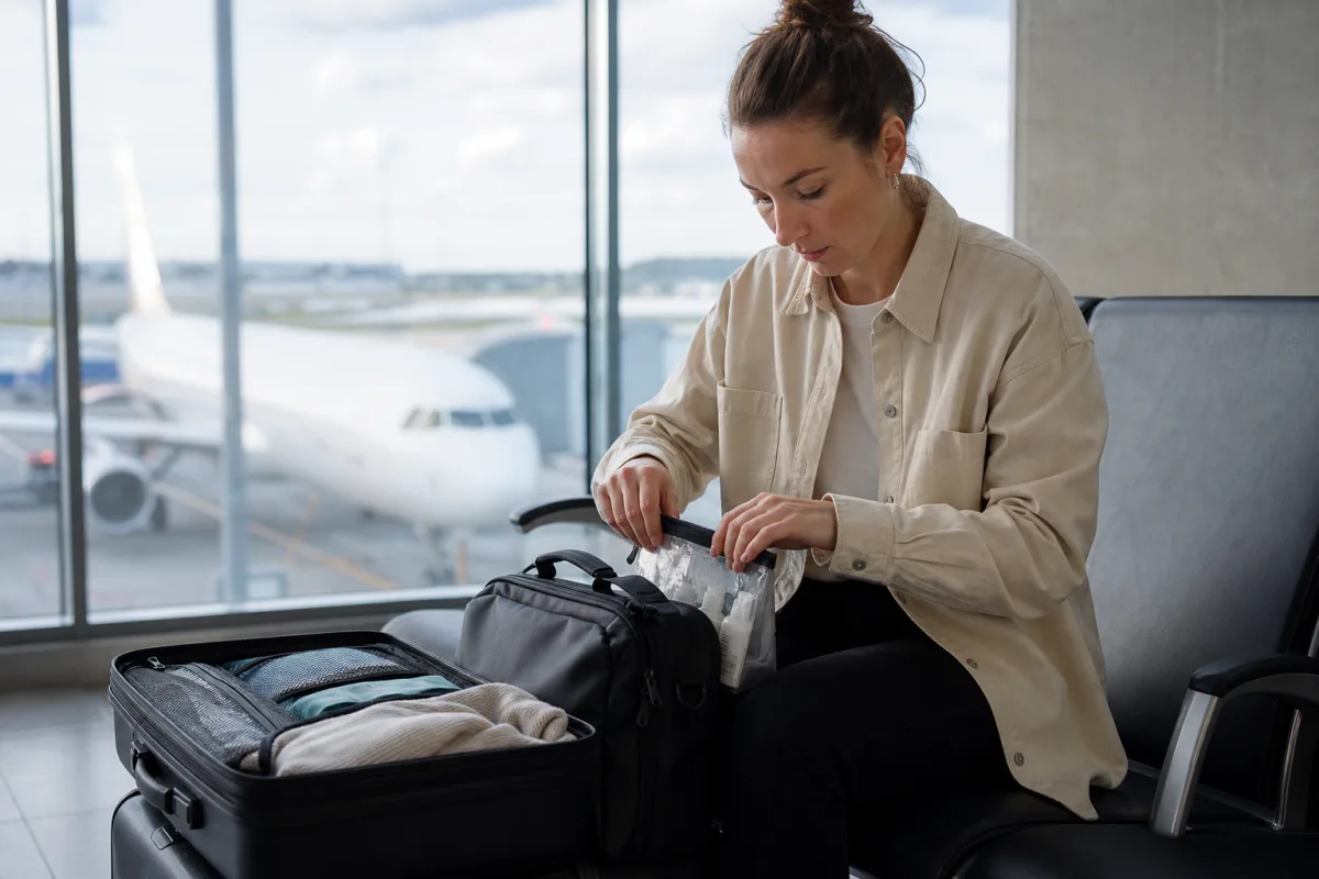 Generiskt handbagage och resväska i en lugn flygplatsmiljö för artikeln Medicin på flyg: regler för handbagage, intyg och narkotikaklassade läkemedel