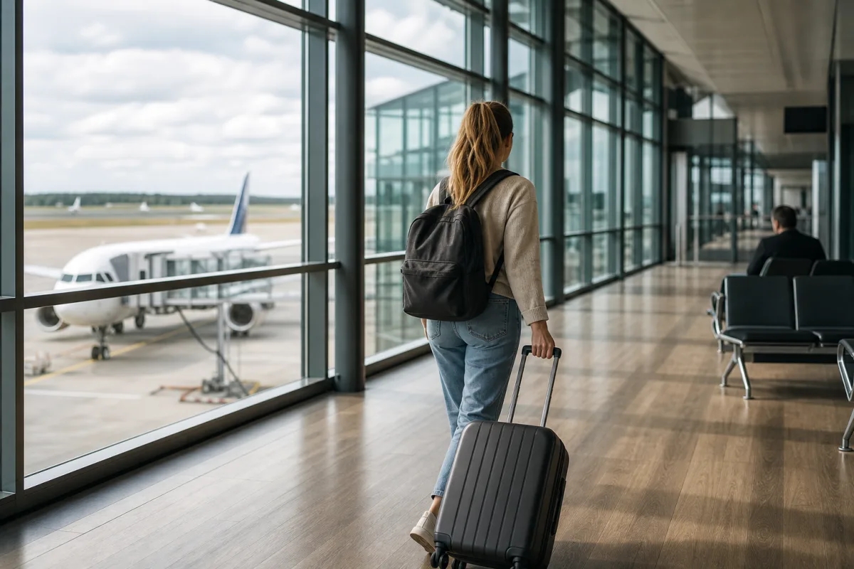 Resenär med kabinväska i en generisk anslutningsterminal för artikeln Mellanlandning: så fungerar den och vad du bör tänka på