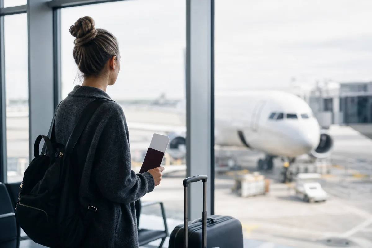 Generisk resesituation med kabinväska och resehandlingar för artikeln Missat anslutningsflyg – vad gäller och vad ska du göra?