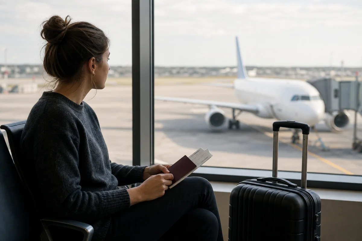 Generisk resesituation med kabinväska och resehandlingar för artikeln Multi-city – så bokar du flyg till flera städer i en resa