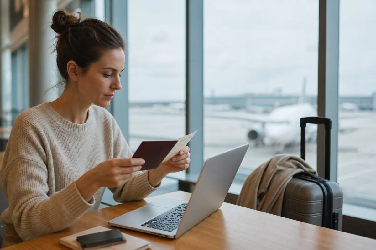 Reseplanering med laptop, resehandlingar och bagage för artikeln Namn på flygbiljett: vad som gäller vid stavfel och namnbyte